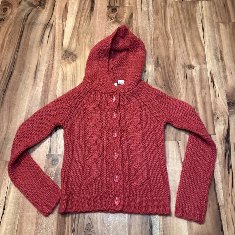 Sleeping on Snow Anthropologie Mohair Hooded Cable Knit Cardigan Sweater Red S